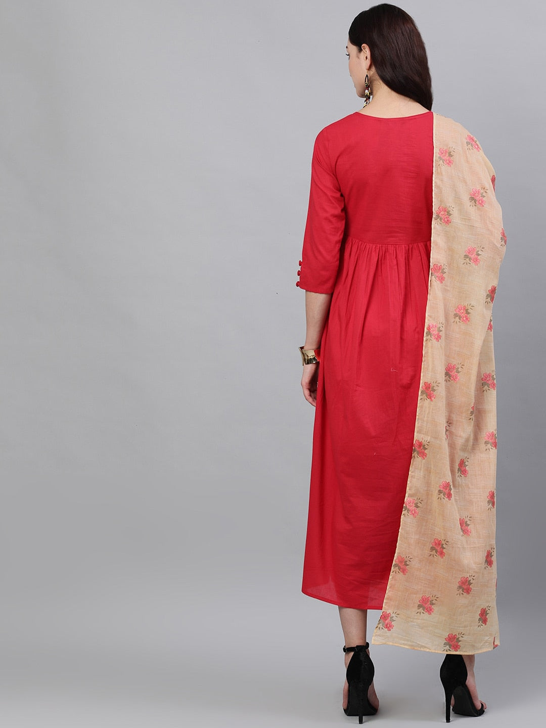 Women Red Floral Embroidered V-Neck Cotton Maxi Dress With Dupatta