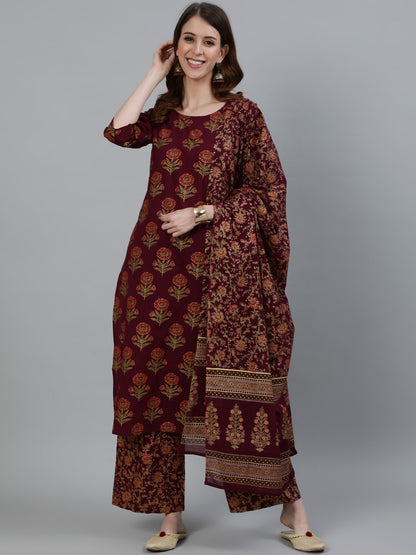 Women Purple & Gold Floral Printed Kurta With Trouser & Dupatta