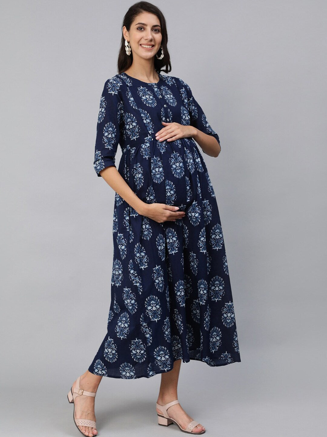 Women Blue Indigo Printed Maternity Dress With Three Quarter Sleeves