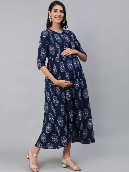 Women Blue Indigo Printed Maternity Dress With Three Quarter Sleeves