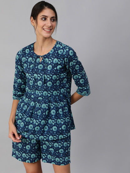 Women Blue Floral Printed Night Suit