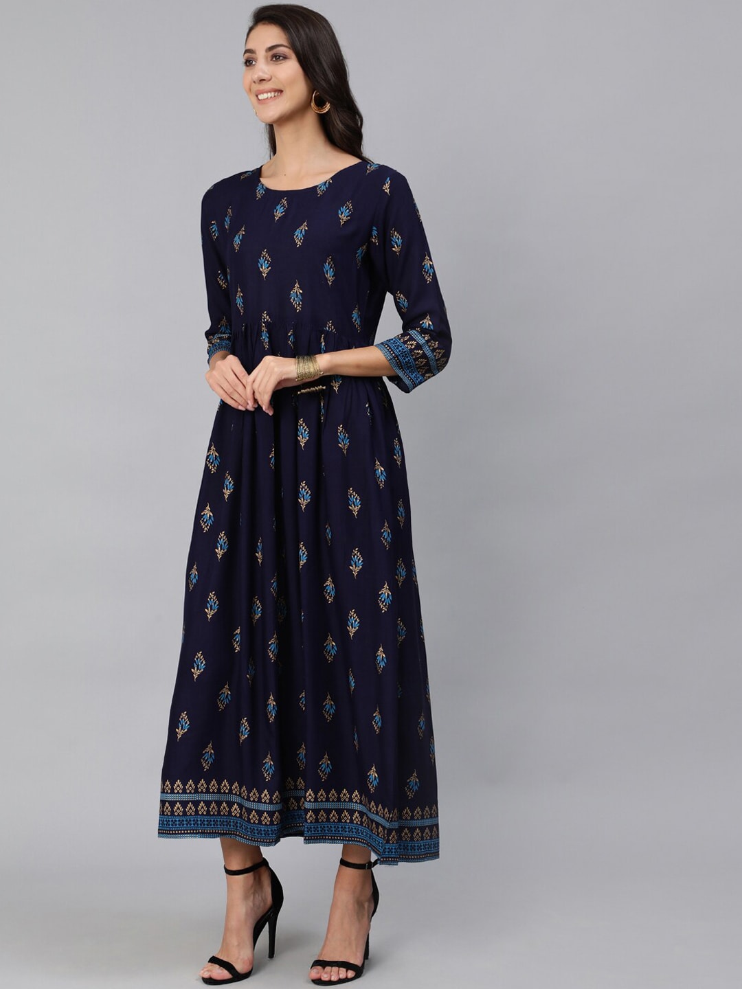 Women Navy Blue & Gold Printed Maxi Dress With Three Quarter Sleeves