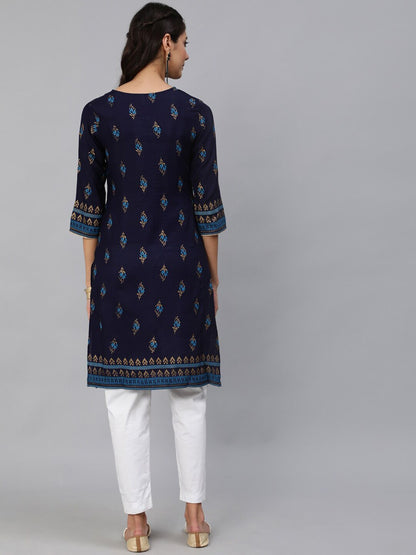 Women Navy Blue & Gold Printed Straight Kurta With Three Quarter sleeves