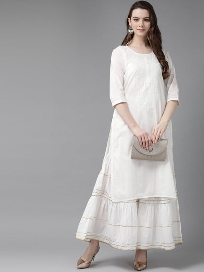 White Cotton Voile Embroidered Straight Kurta