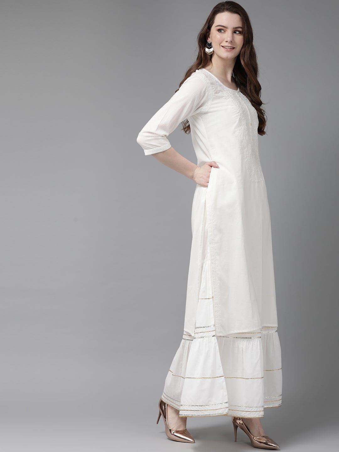 White Cotton Voile Embroidered Straight Kurta