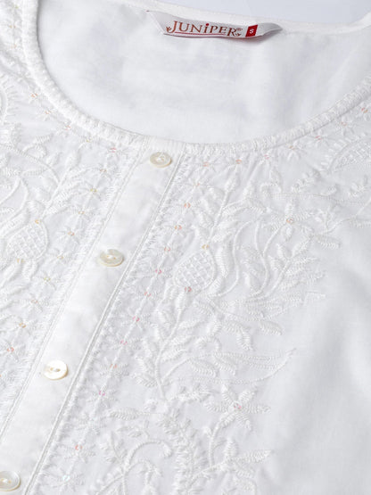 White Cotton Voile Embroidered Straight Kurta