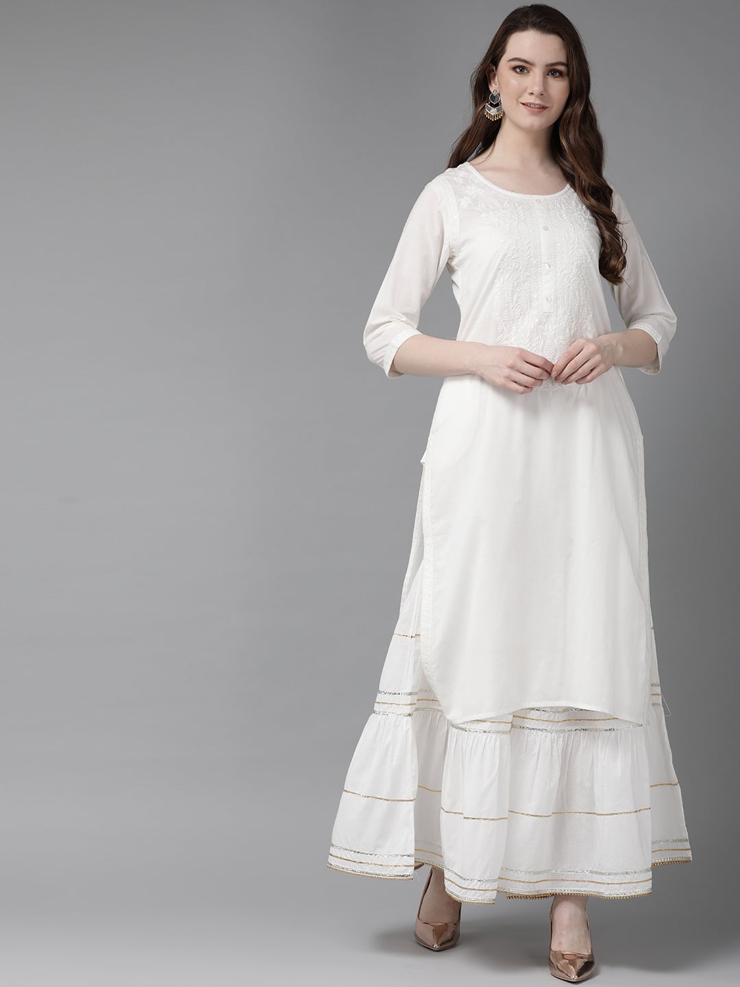 White Cotton Voile Embroidered Straight Kurta