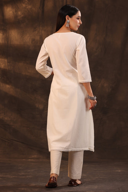 White Cotton Voile Embroidered Straight Kurta