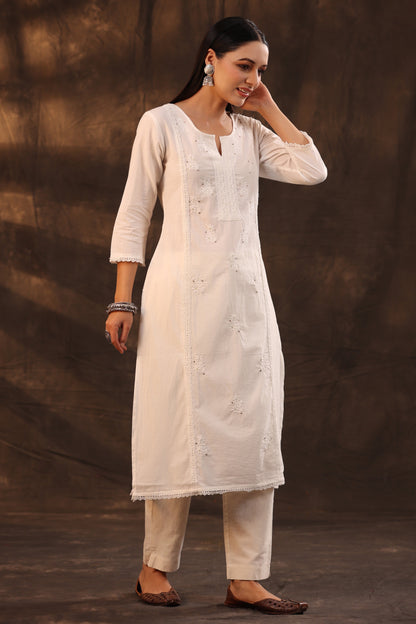 White Cotton Voile Embroidered Straight Kurta