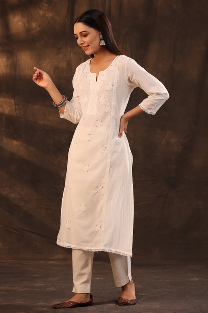 White Cotton Voile Embroidered Straight Kurta