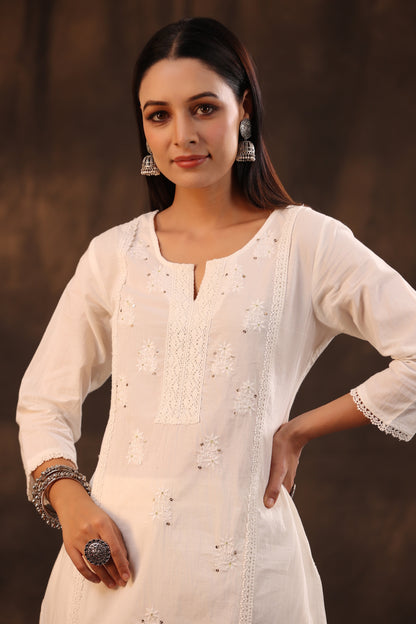 White Cotton Voile Embroidered Straight Kurta