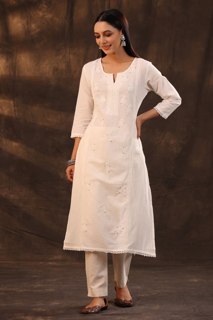 White Cotton Voile Embroidered Straight Kurta