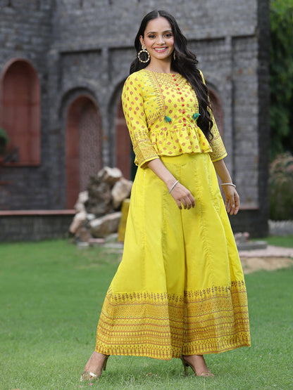 Yellow Cambric Printed Peplum Clothing Set