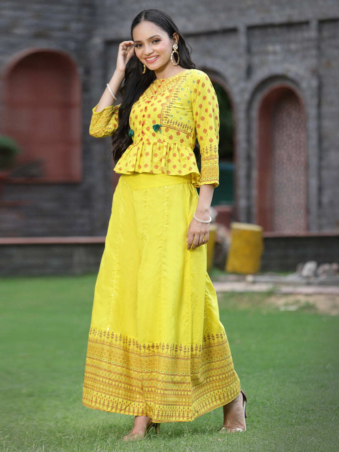 Yellow Cambric Printed Peplum Clothing Set