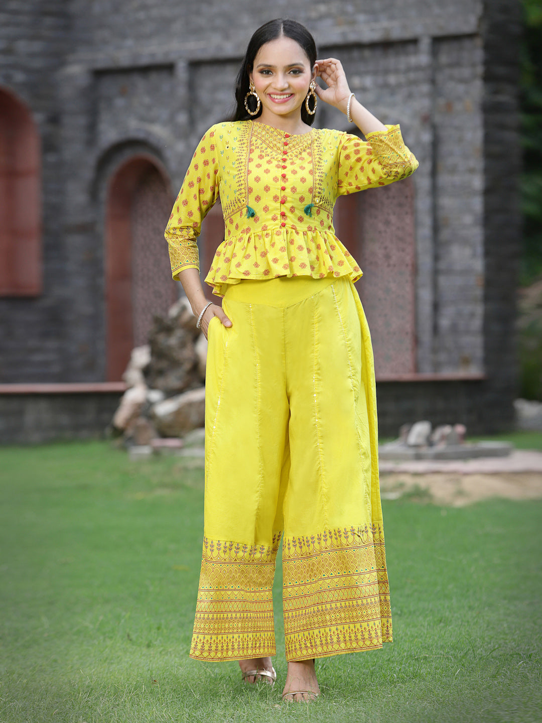 Yellow Cambric Printed Peplum Clothing Set