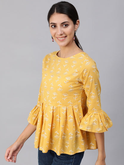 Women Yellow & Silver Printed Top With Three Quarter Flared Sleeves