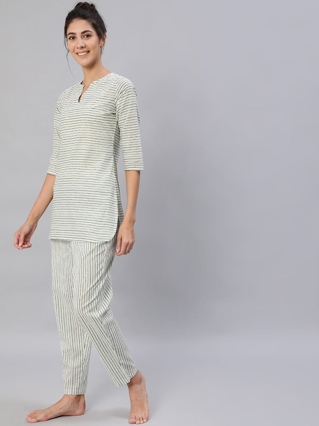 Women Green & Off-White Striped Night Suit Set