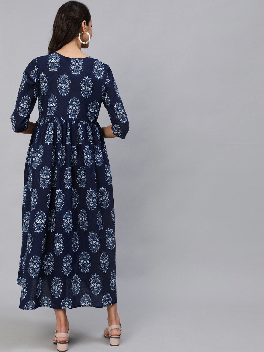 Women Blue Indigo Printed Maternity Dress With Three Quarter Sleeves