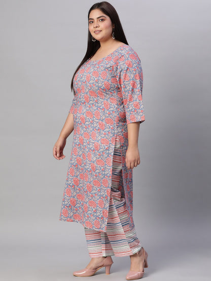 Women Blue Printed Straight Kurta with Plazo & Dupatta