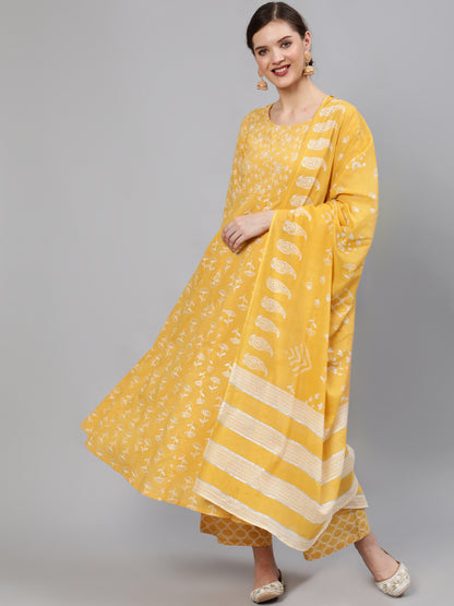 Women Yellow Printed Anarkali Kurta With Plazo & Dupatta