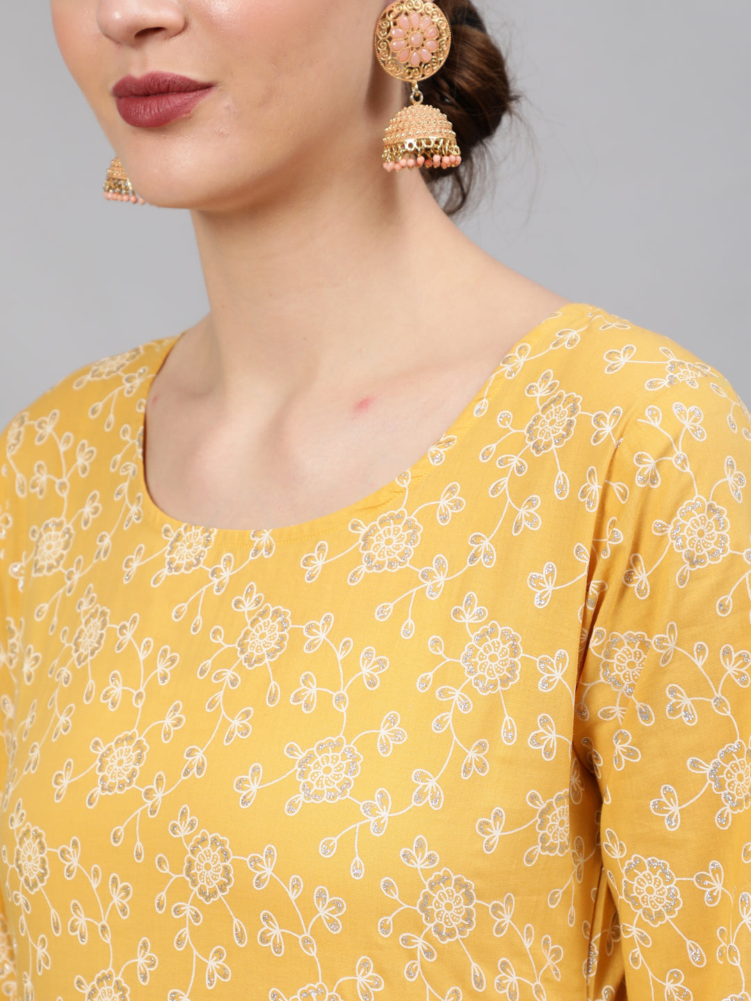 Women Yellow Printed Anarkali Kurta With Plazo & Dupatta