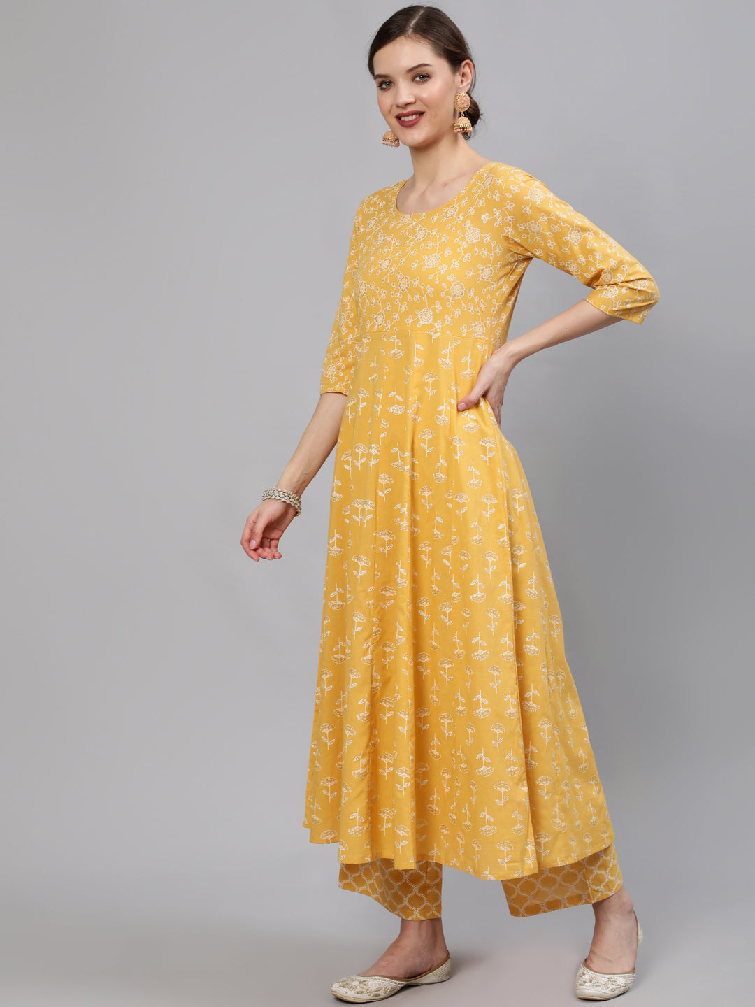 Women Yellow Printed Anarkali Kurta With Plazo & Dupatta