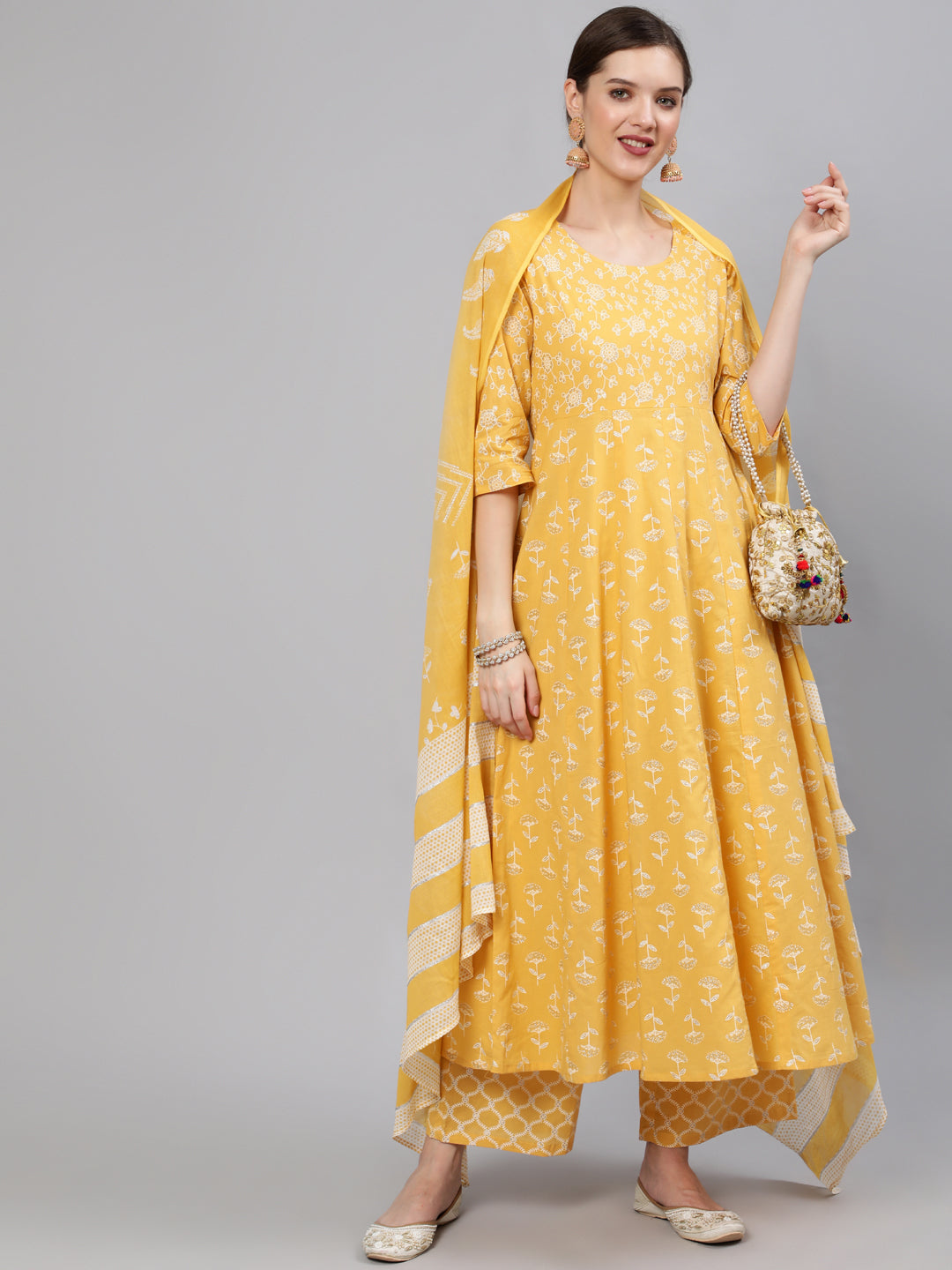 Women Yellow Printed Anarkali Kurta With Plazo & Dupatta