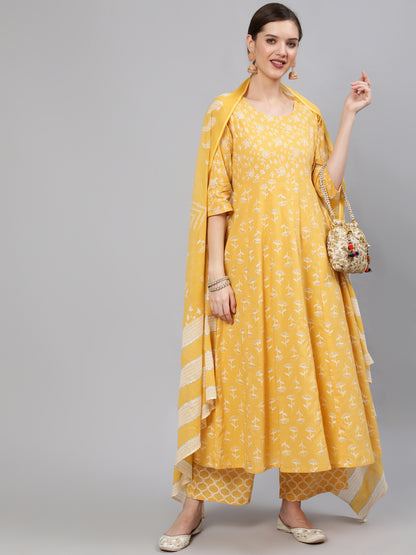 Women Yellow Printed Anarkali Kurta With Plazo & Dupatta