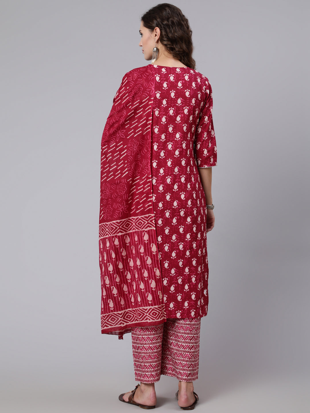 Burgundy Ethnic Printed Straight Kurta And Palazzo With Palazzo