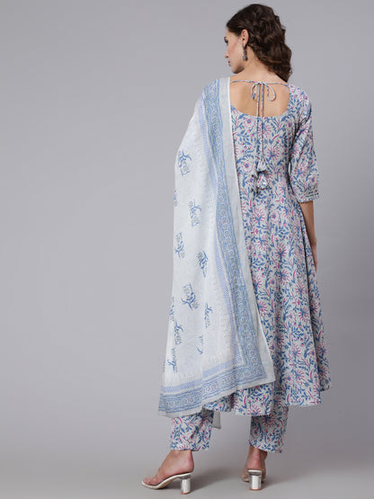 Grey Floral Printed Flared Kurta With Trouser And Dupatta