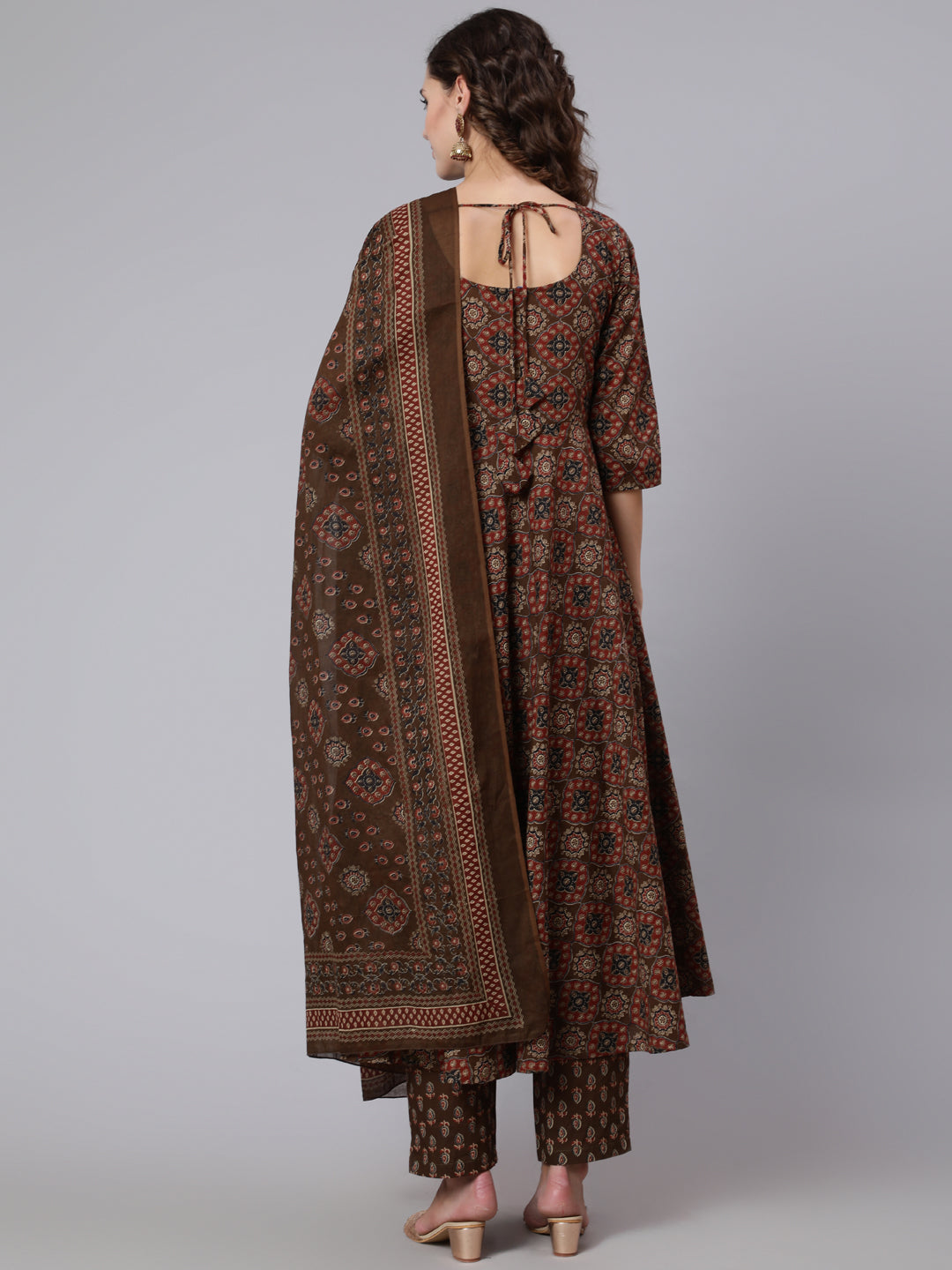 Brown Ethnic Printed Straight Kurta And Palazzo With Palazzo