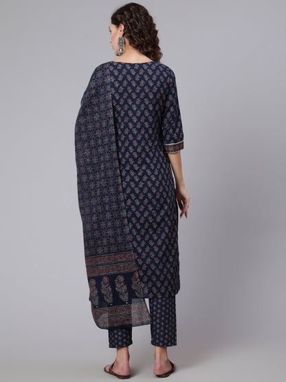 Blue Ethnic Printed Kurta With Trouser And Dupatta