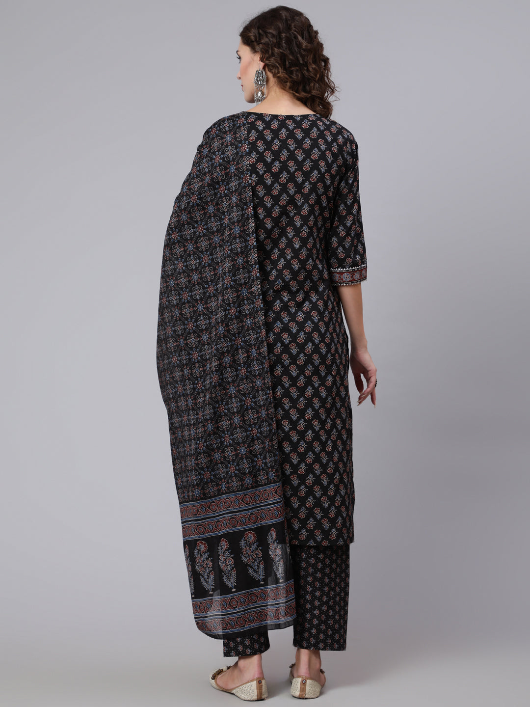 Black Ethnic Printed Kurta With Trouser And Dupatta