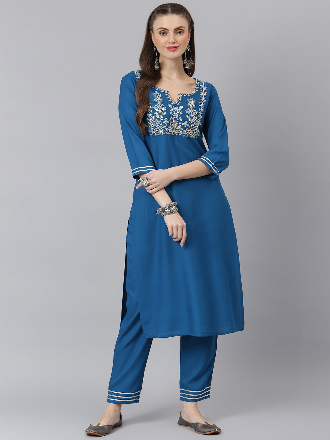 Women Embroidered Rayon Straight Kurta Pant Set