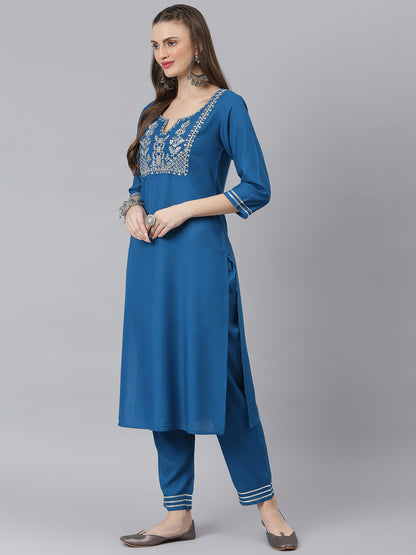 Women Embroidered Rayon Straight Kurta Pant Set