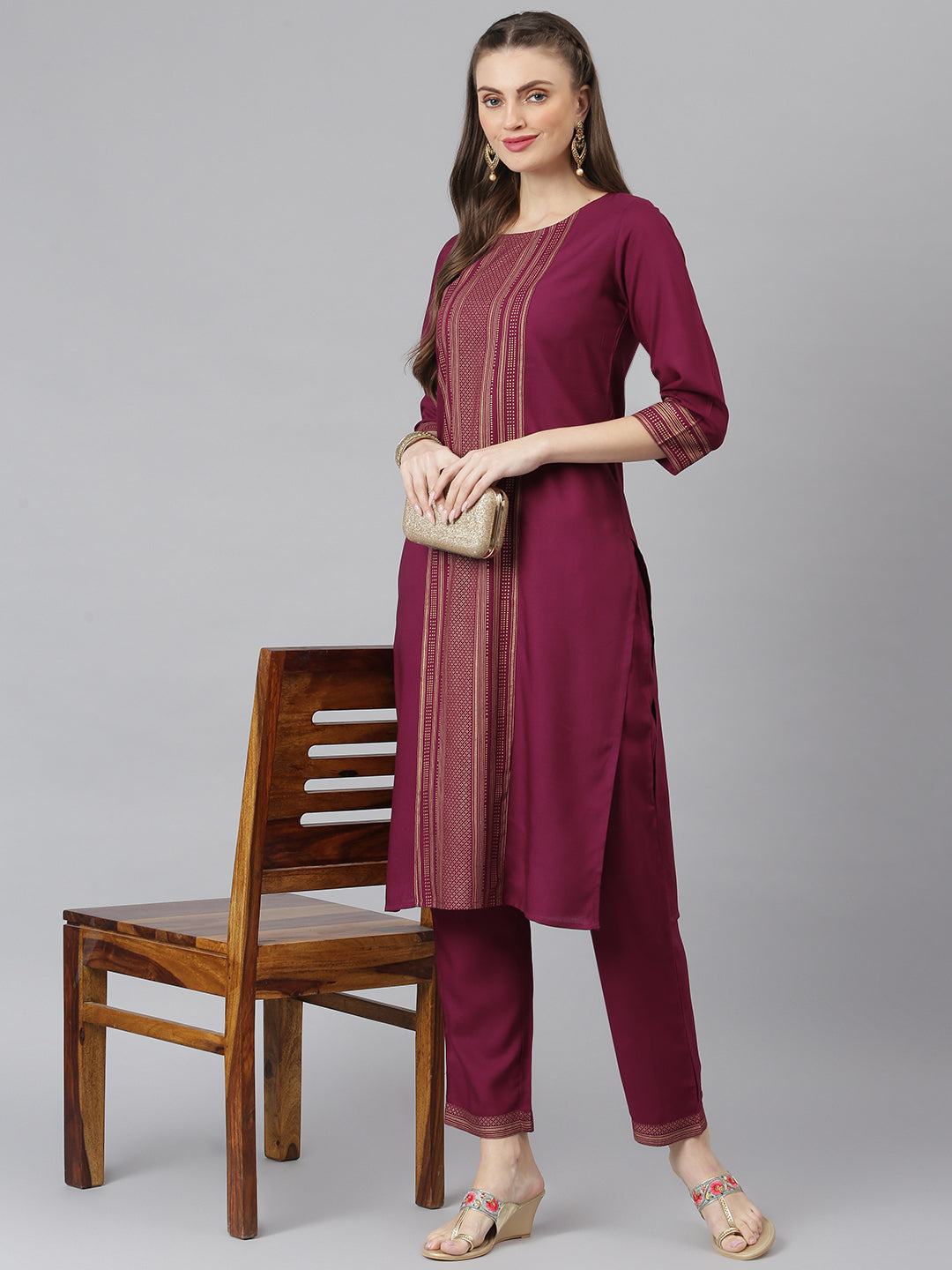 Women Striped Print Rayon Straight Kurta Pant Set