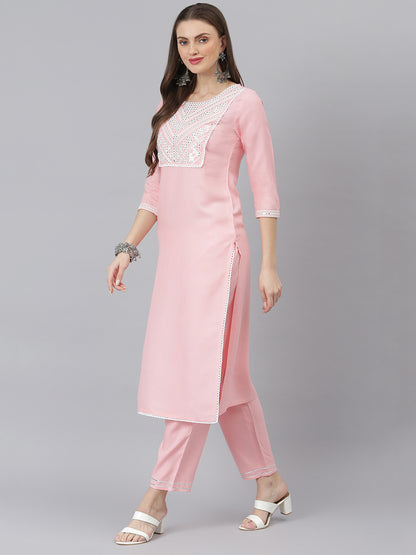 Women Embroidered Rayon Straight Kurta Pant Dupatta Set