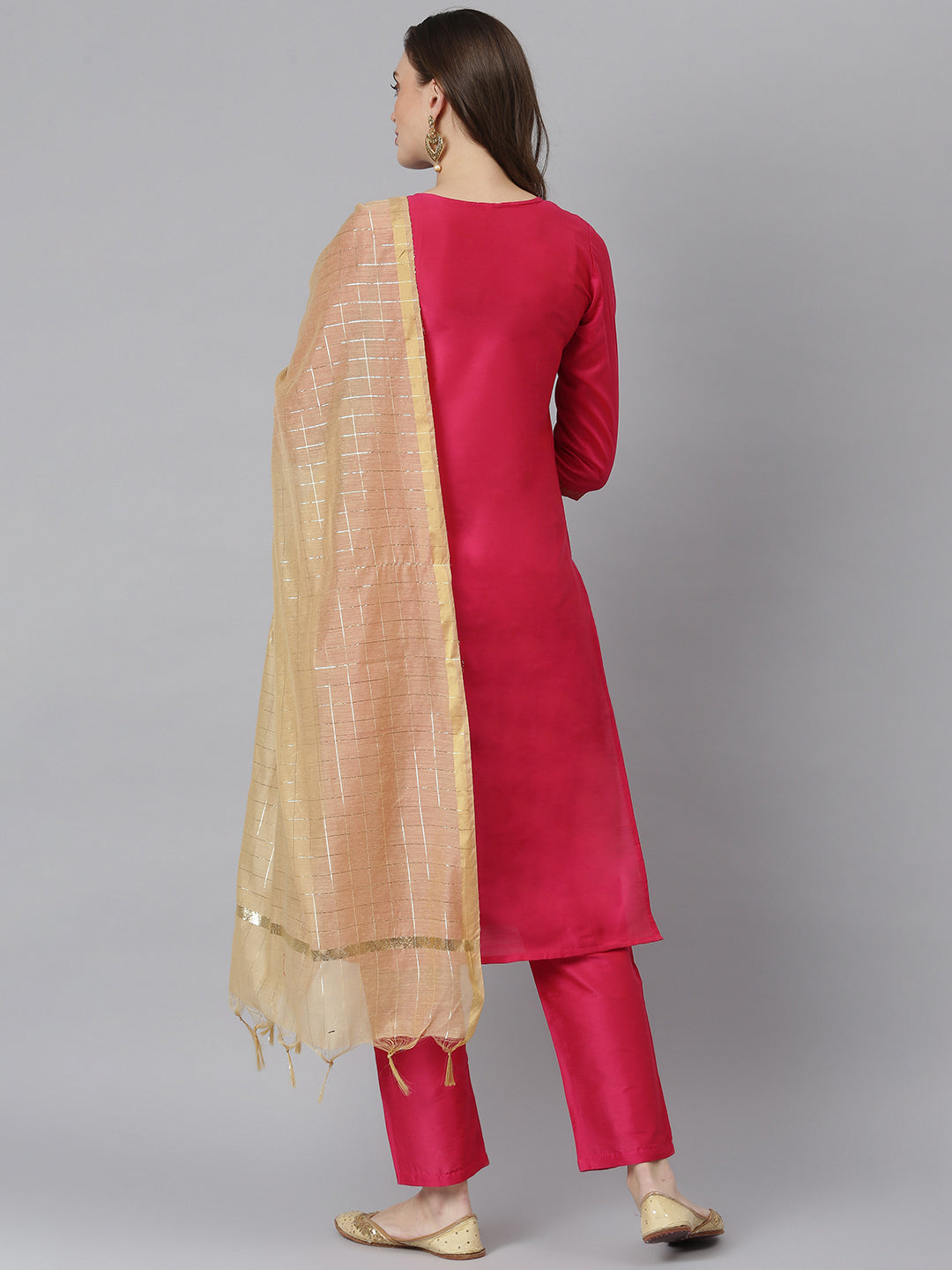 Women Gold Printed Poly Silk Straight Kurta Pant Dupatta Set