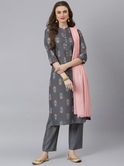 Women Floral Print Rayon Straight Kurta Pant Dupatta Set