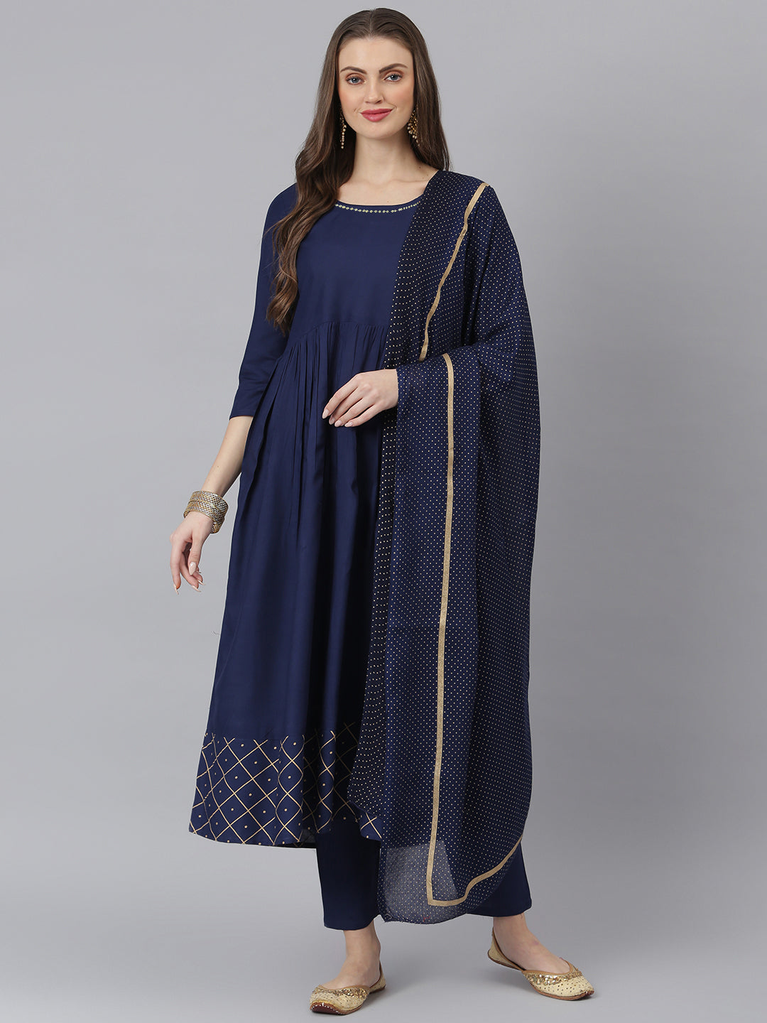 Women Checkered Rayon Flared Kurta Pant Dupatta Set