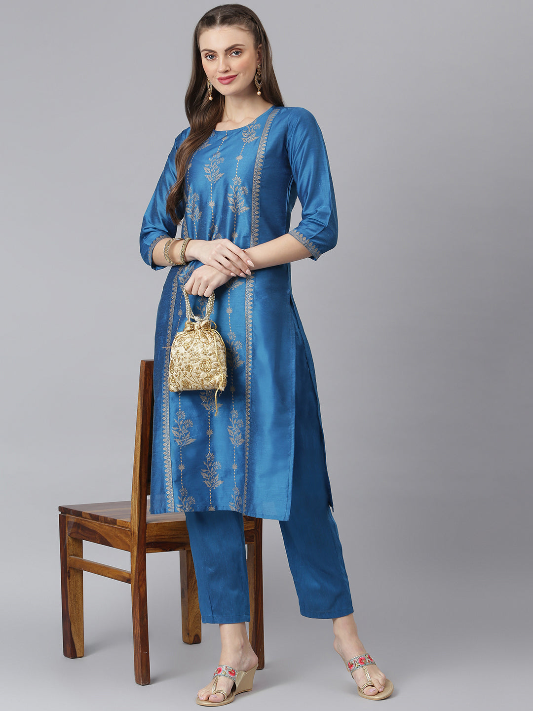 Women Gold Printed Poly Silk Straight Kurta Pant Set