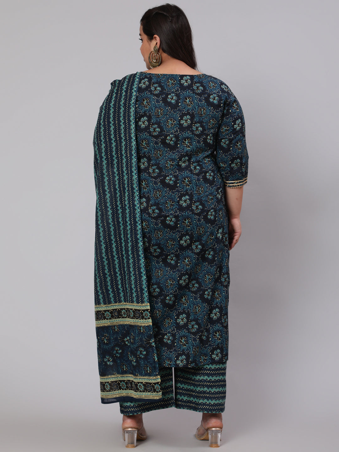 Plus Size Blue floral Printed Kurta And Palazzo With Dupatta