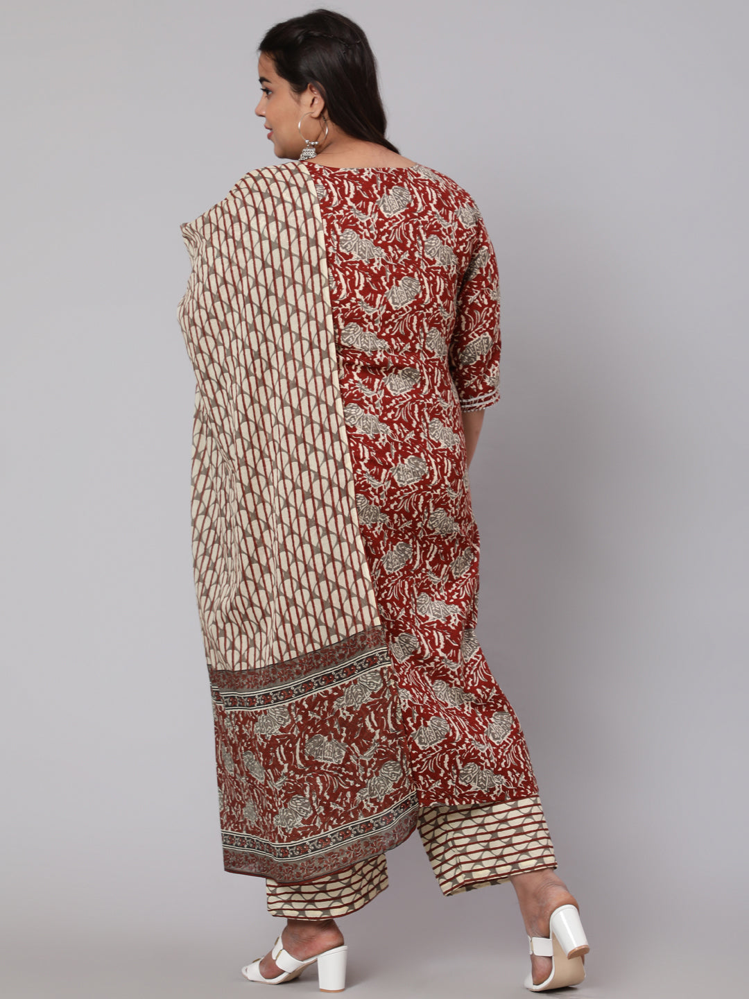 Plus Size Maroon Ethnic Printed Kurta And Palazzo With Dupatta