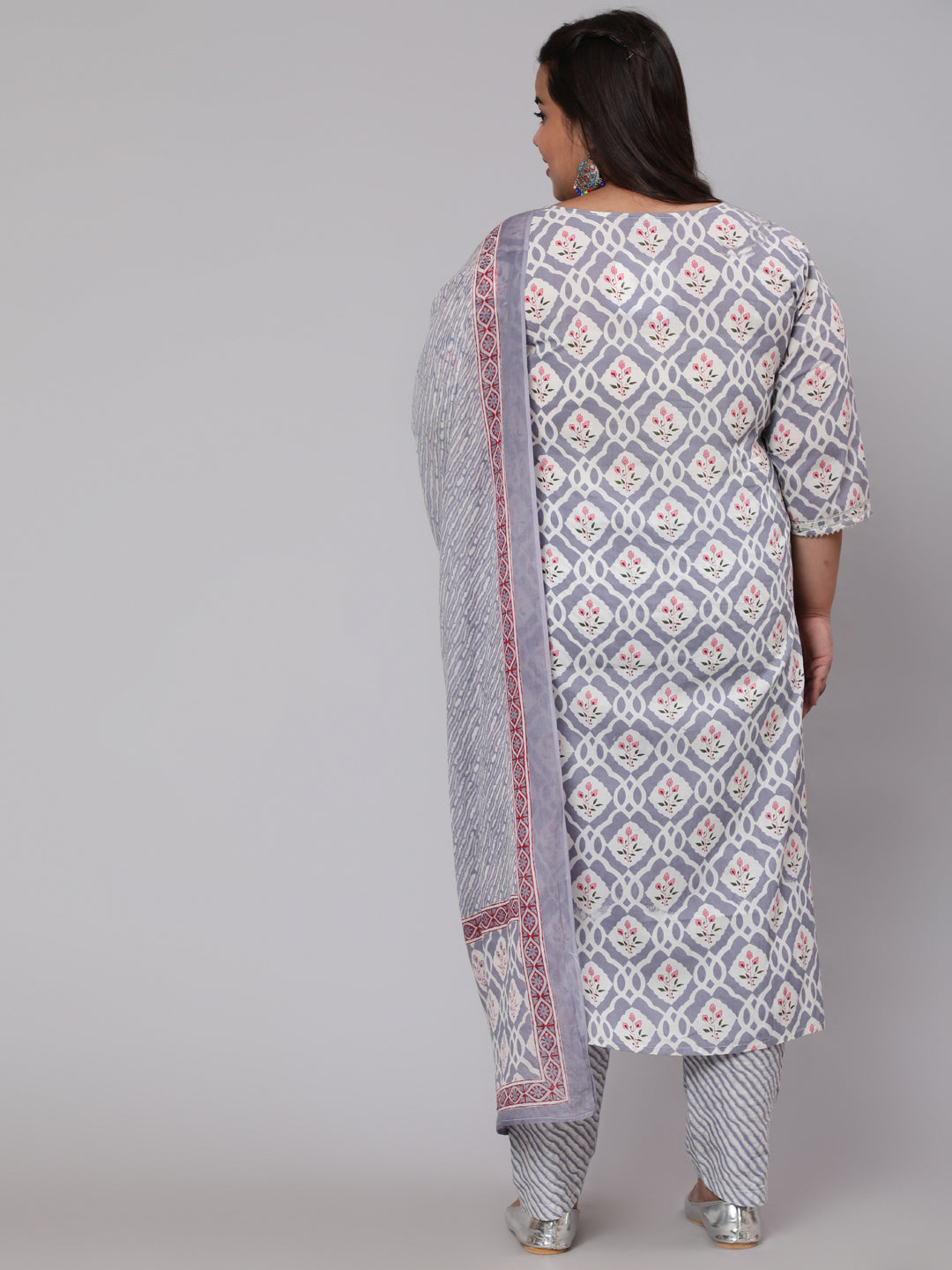 Plus Size Grey Ethnic Printed Kurta And Palazzo With Dupatta