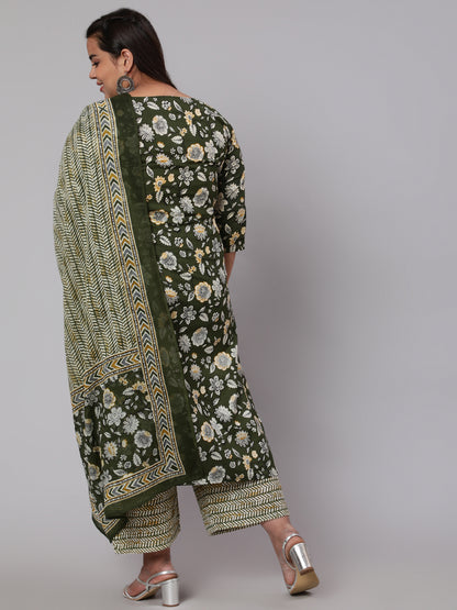 Plus Size Green Floral Printed Kurta And Palazzo With Dupatta