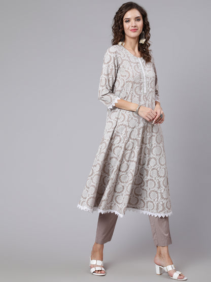 Grey Ethnic Printed Flared Kurta With Trouser And Dupatta