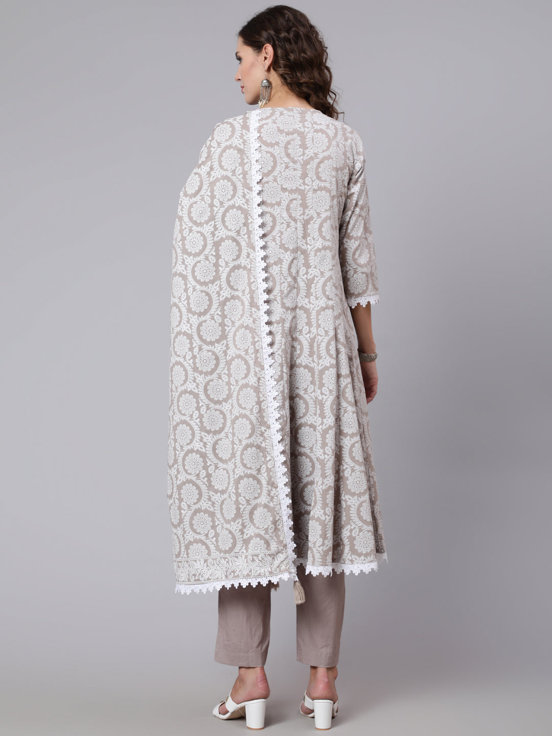 Grey Ethnic Printed Flared Kurta With Trouser And Dupatta