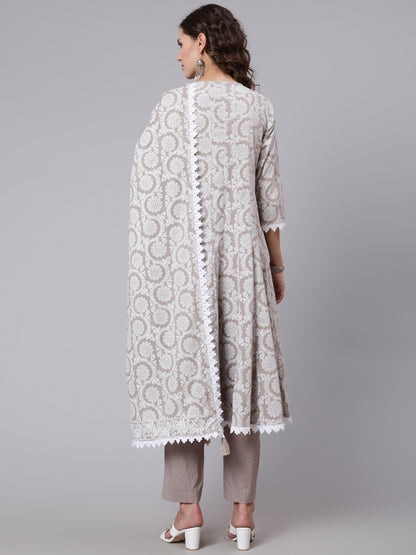 Grey Ethnic Printed Flared Kurta With Trouser And Dupatta