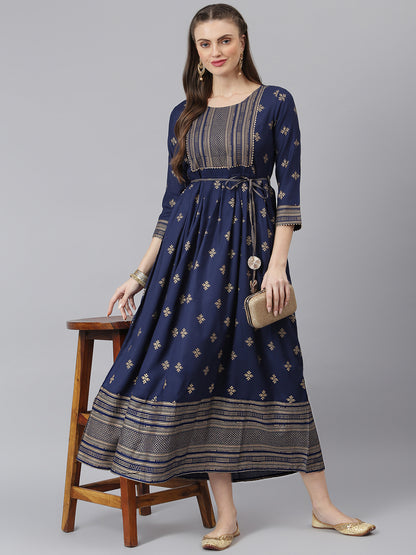 Women Gold Printed Rayon Flared Kurta