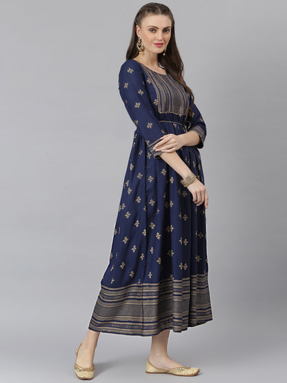 Women Gold Printed Rayon Flared Kurta